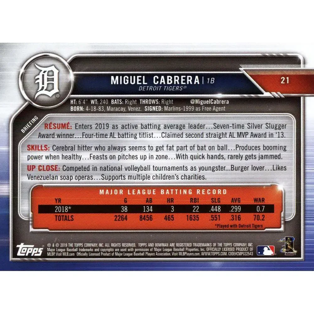 2019 Bowman Miguel Cabrera #21 Detroit Tigers